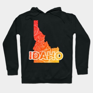 Colorful mandala art map of Idaho with text in red and orange Hoodie